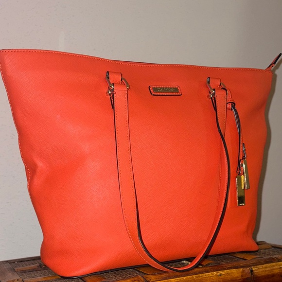 Calvin Klein Handbags - Calvin Klein Orange Saffiano Leather Tote Bag